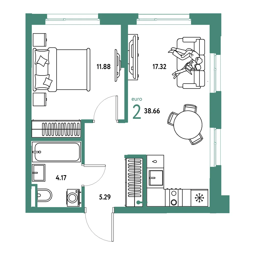 Планировка: Остров-сад 2-комнатная 38,66м²