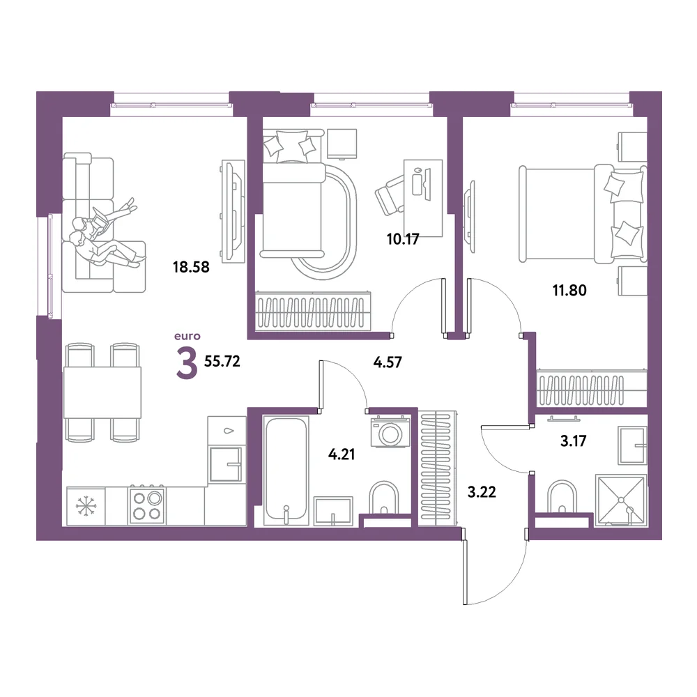Планировка: Остров-сад 3-комнатная 55,72м²