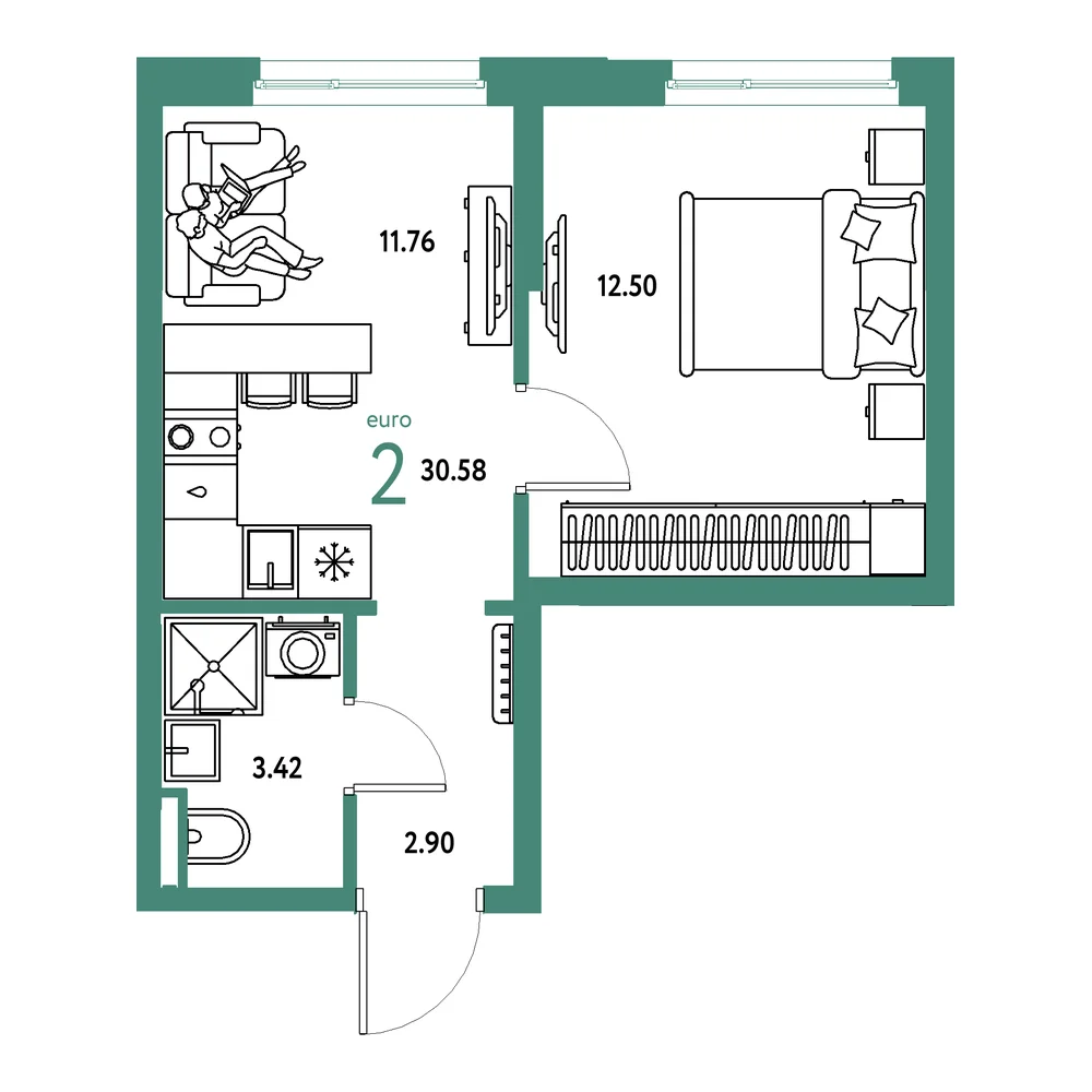 Планировка: Остров-сад 2-комнатная 30,58м²