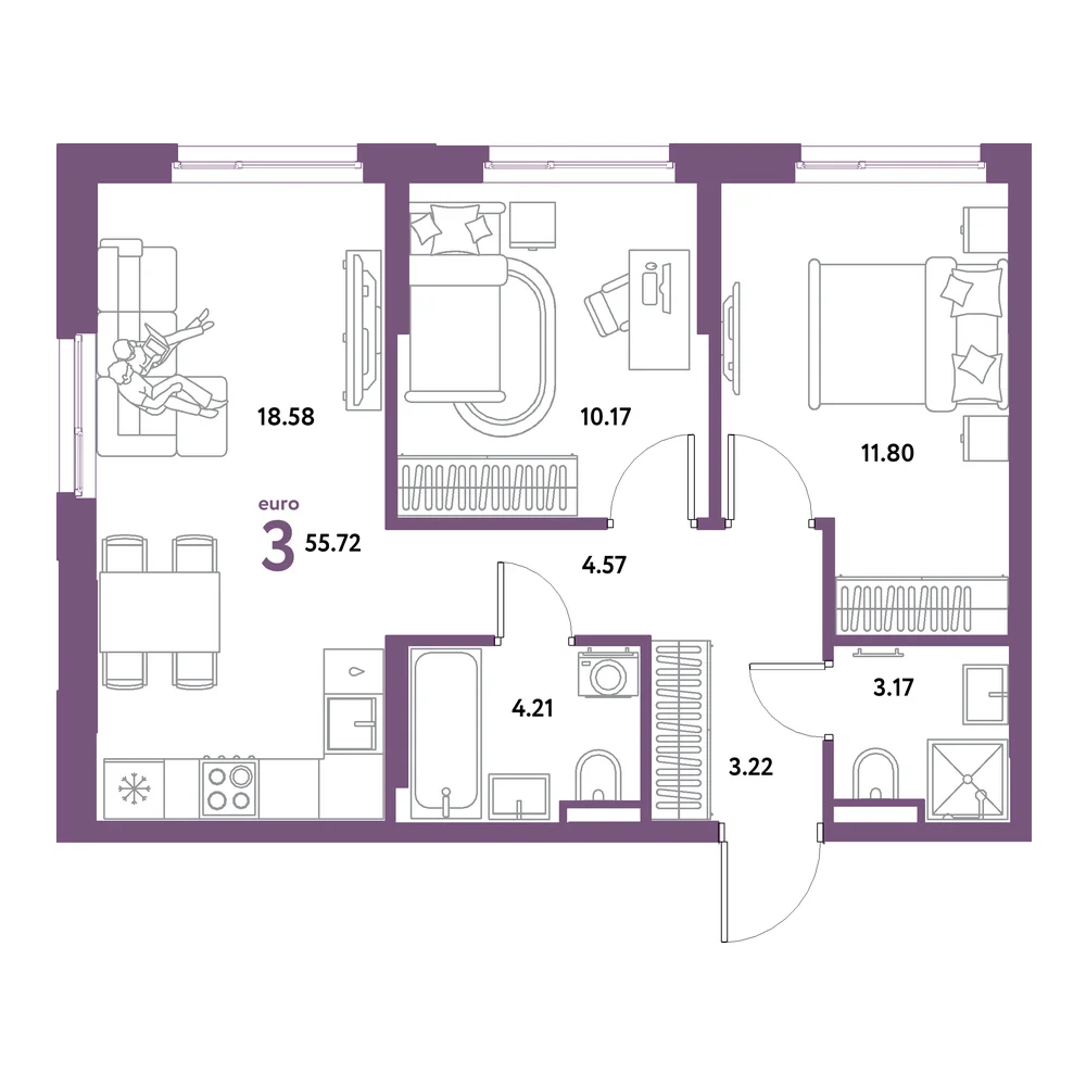 Планировка: Остров-сад 3-комнатная 55,72м²