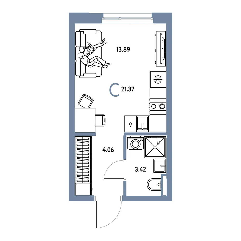 Планировка: Остров-сад Студия 21,37м²