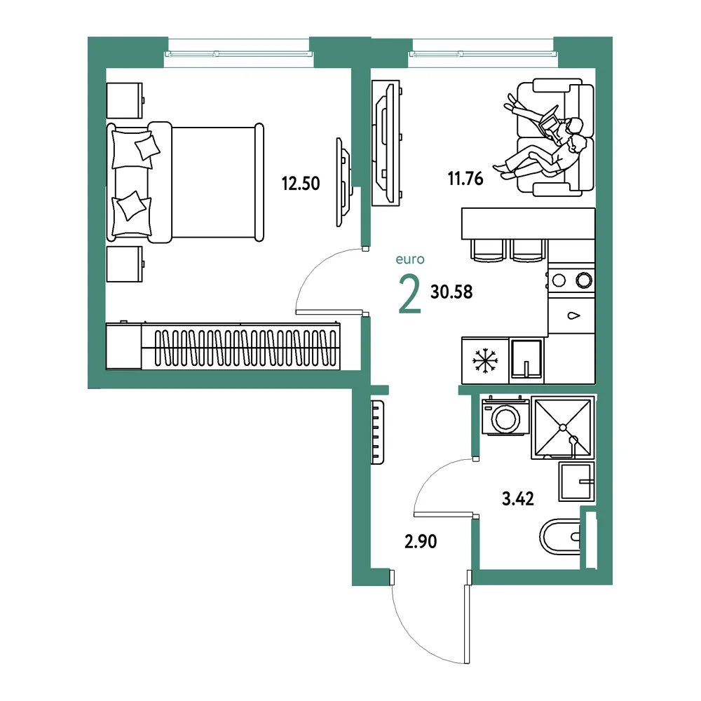 Планировка: Остров-сад 2-комнатная 30,58м²