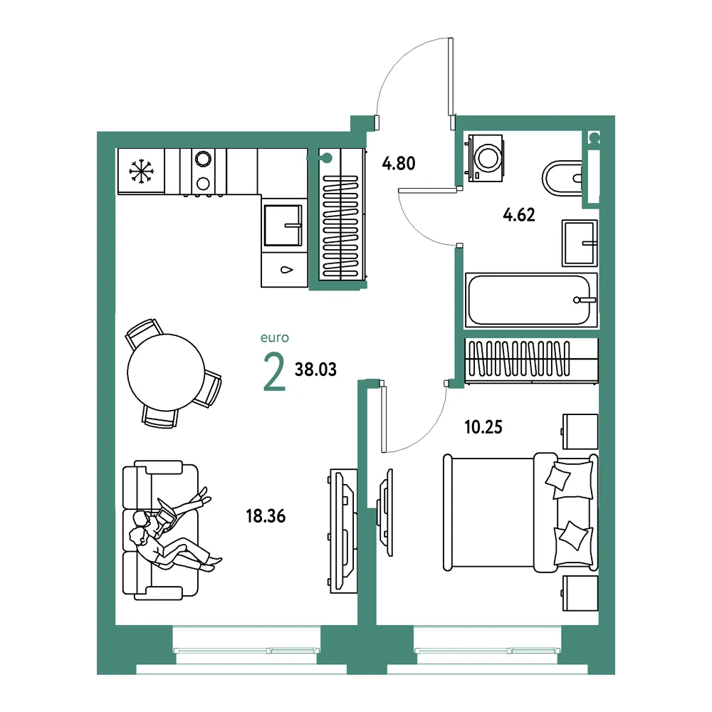 Планировка: Остров-сад 2-комнатная 38,03м²