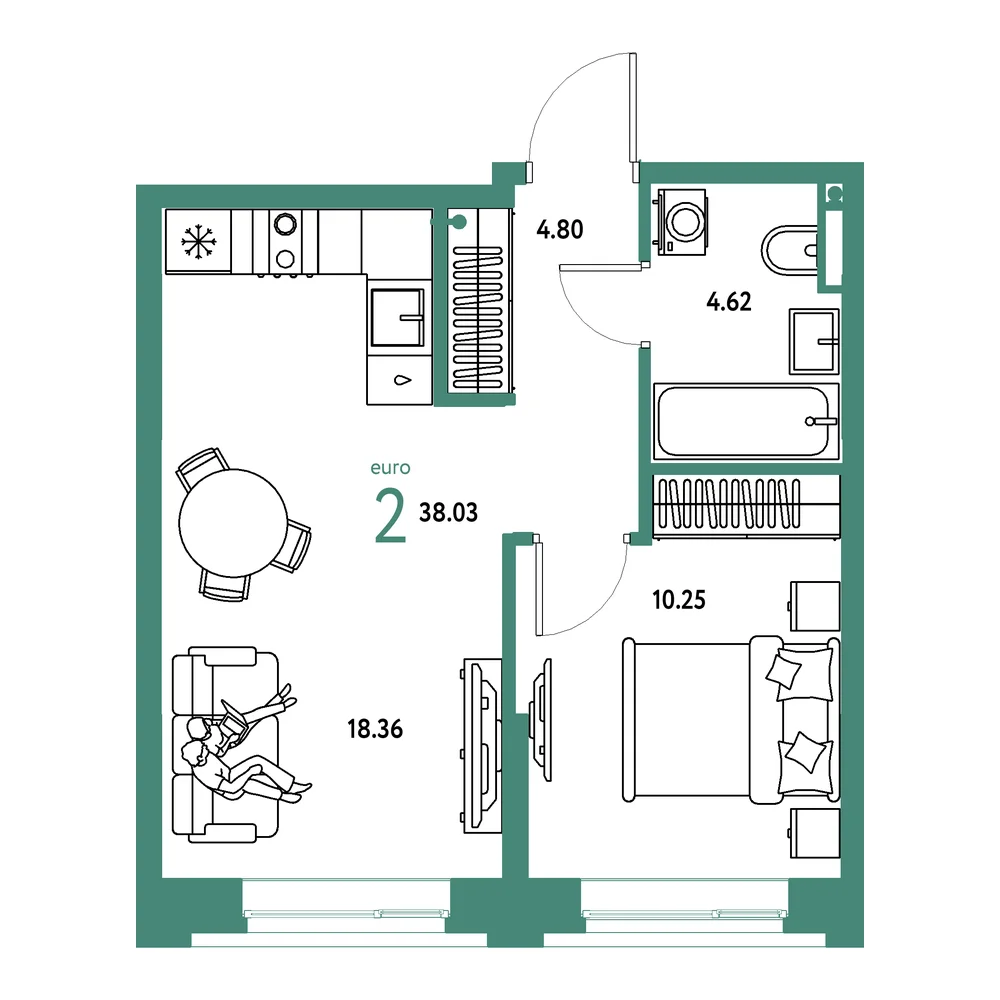 Планировка: Остров-сад 2-комнатная 38,03м²