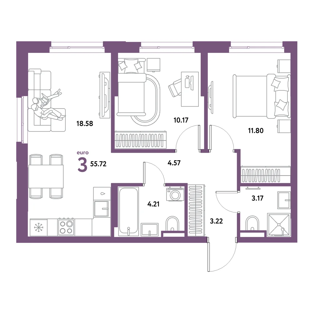 Планировка: Остров-сад 3-комнатная 55,72м²