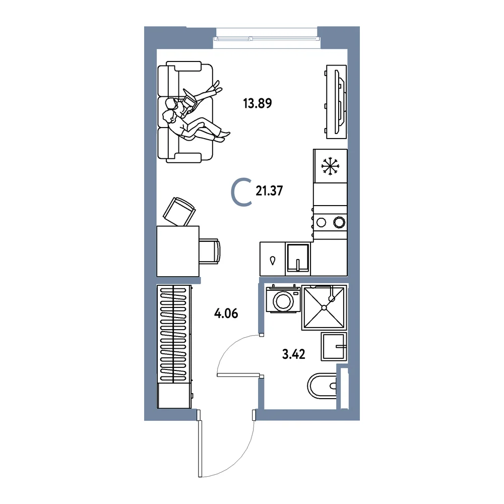Планировка: Остров-сад Студия 21,37м²