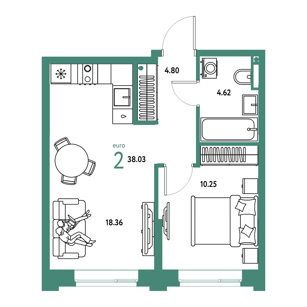 Планировка: Остров-сад 2-комнатная 38,03м²