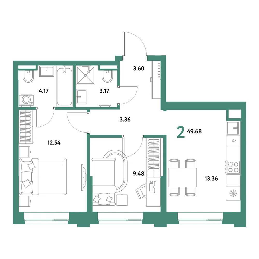 Планировка: Остров-сад 2-комнатная 49,68м²