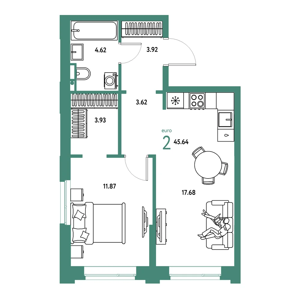 Планировка: Остров-сад 2-комнатная 45,64м²
