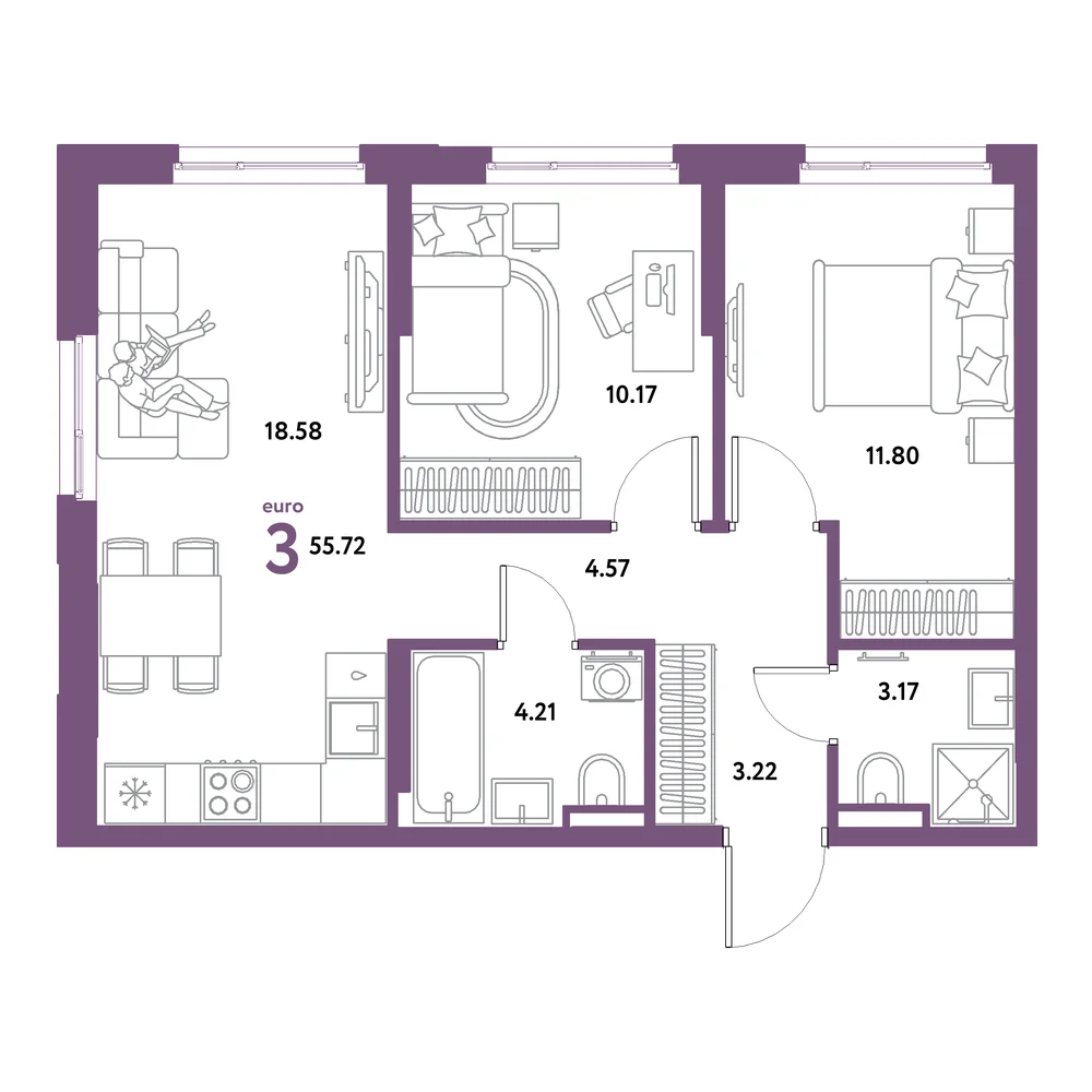 Планировка: Остров-сад 3-комнатная 55,72м²