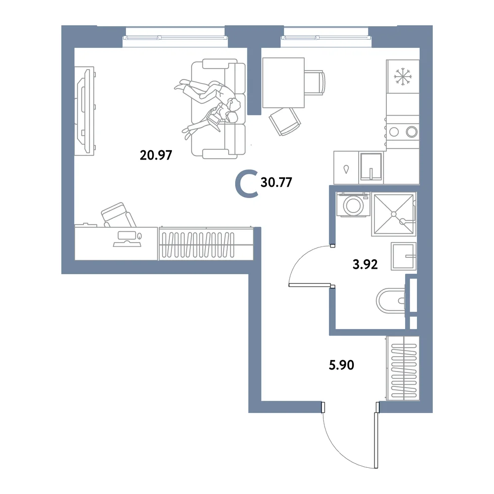 Планировка: Остров-сад Студия 30,77м²
