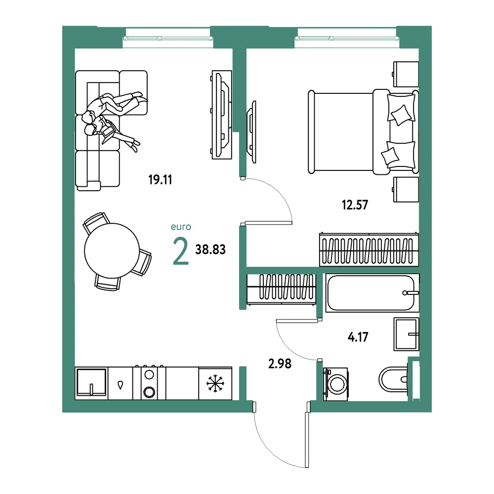 Планировка: Остров-сад 2-комнатная 38,83м²