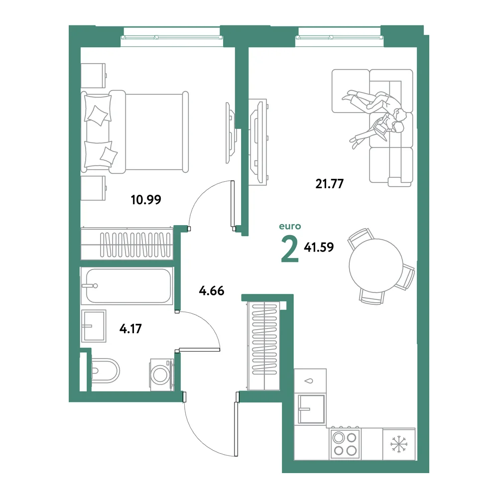 Планировка: Остров-сад 2-комнатная 41,59м²