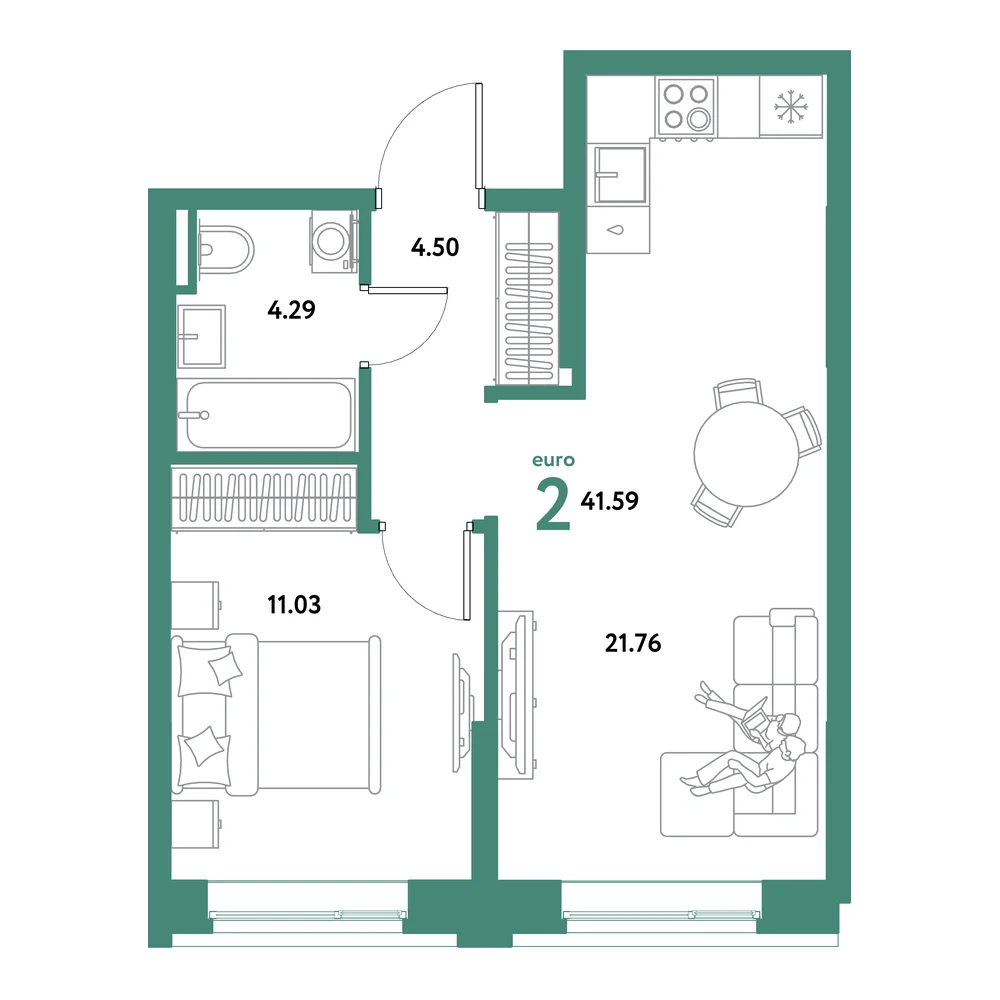 Планировка: Остров-сад 2-комнатная 41,59м²