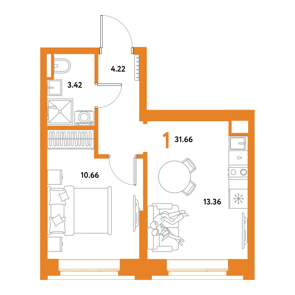 Планировка: Остров-сад 1-комнатная 31,66м²