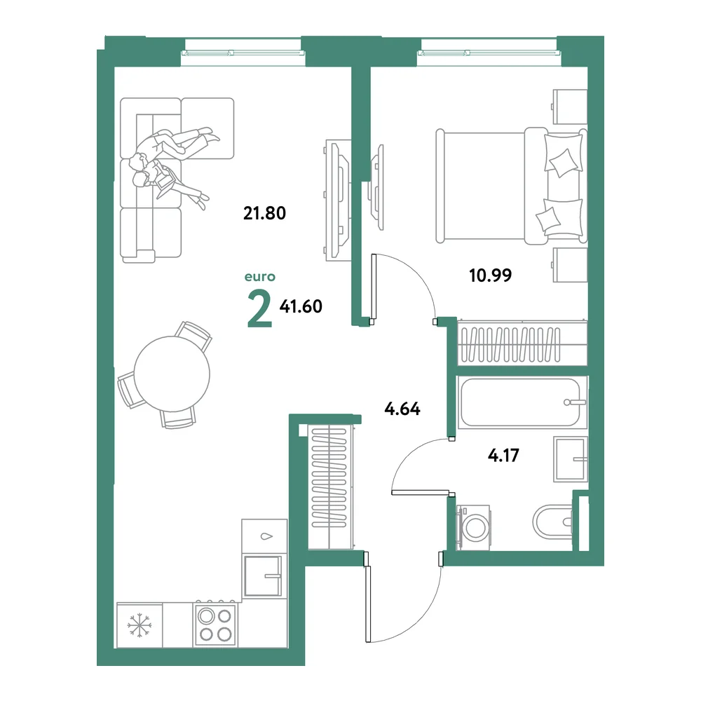 Планировка: Остров-сад 2-комнатная 41,60м²