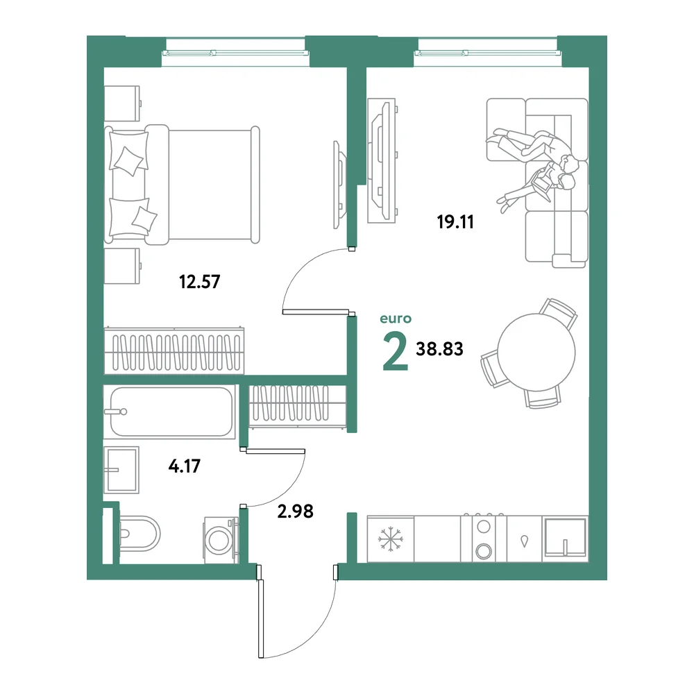 Планировка: Остров-сад 2-комнатная 38,83м²