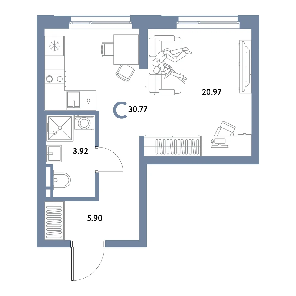 Планировка: Остров-сад Студия 30,77м²