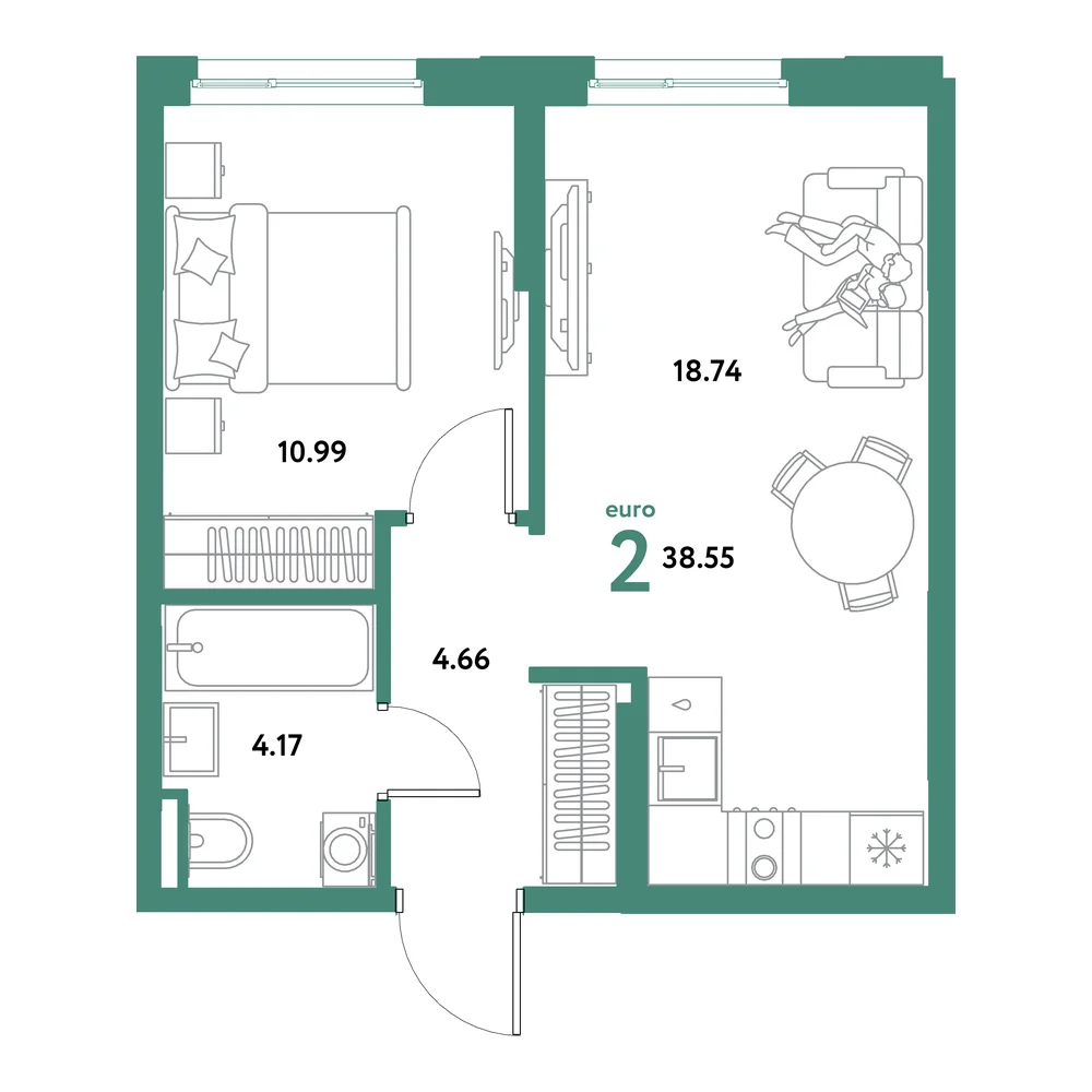 Планировка: Остров-сад 2-комнатная 38,55м²