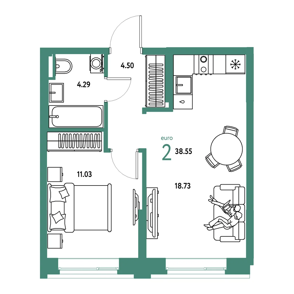 Планировка: Остров-сад 2-комнатная 38,55м²