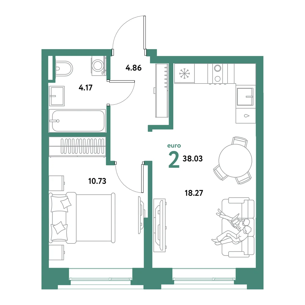 Планировка: Остров-сад 2-комнатная 38,03м²
