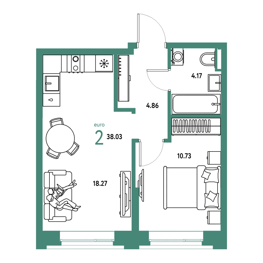 Планировка: Остров-сад 2-комнатная 38,03м²
