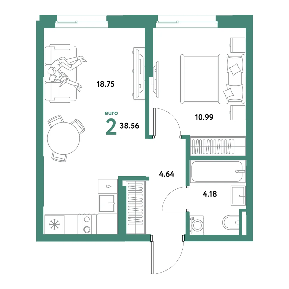 Планировка: Остров-сад 2-комнатная 38,56м²