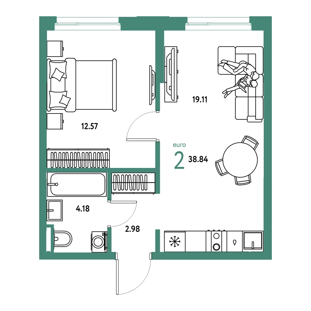 Планировка: Остров-сад 2-комнатная 38,84м²