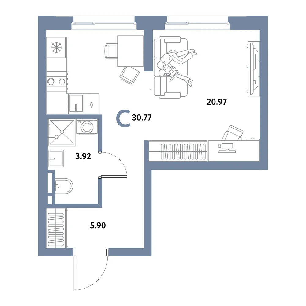 Планировка: Остров-сад Студия 30,77м²