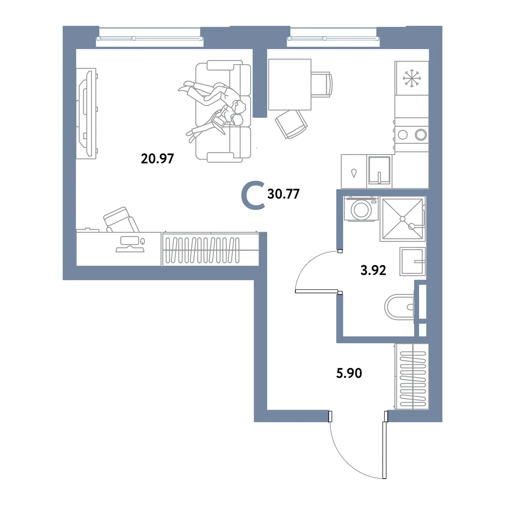 Планировка: Остров-сад Студия 30,77м²