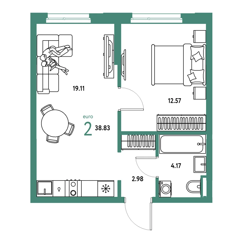 Планировка: Остров-сад 2-комнатная 38,83м²