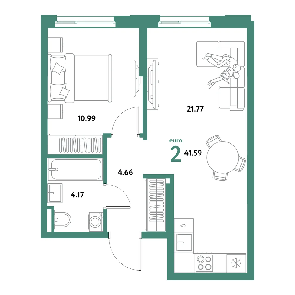 Планировка: Остров-сад 2-комнатная 41,59м²