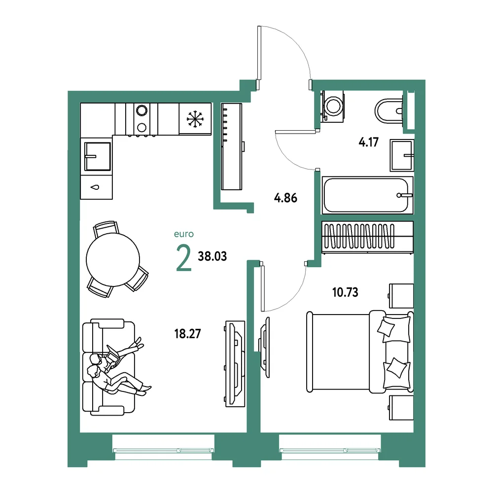 Планировка: Остров-сад 2-комнатная 38,03м²