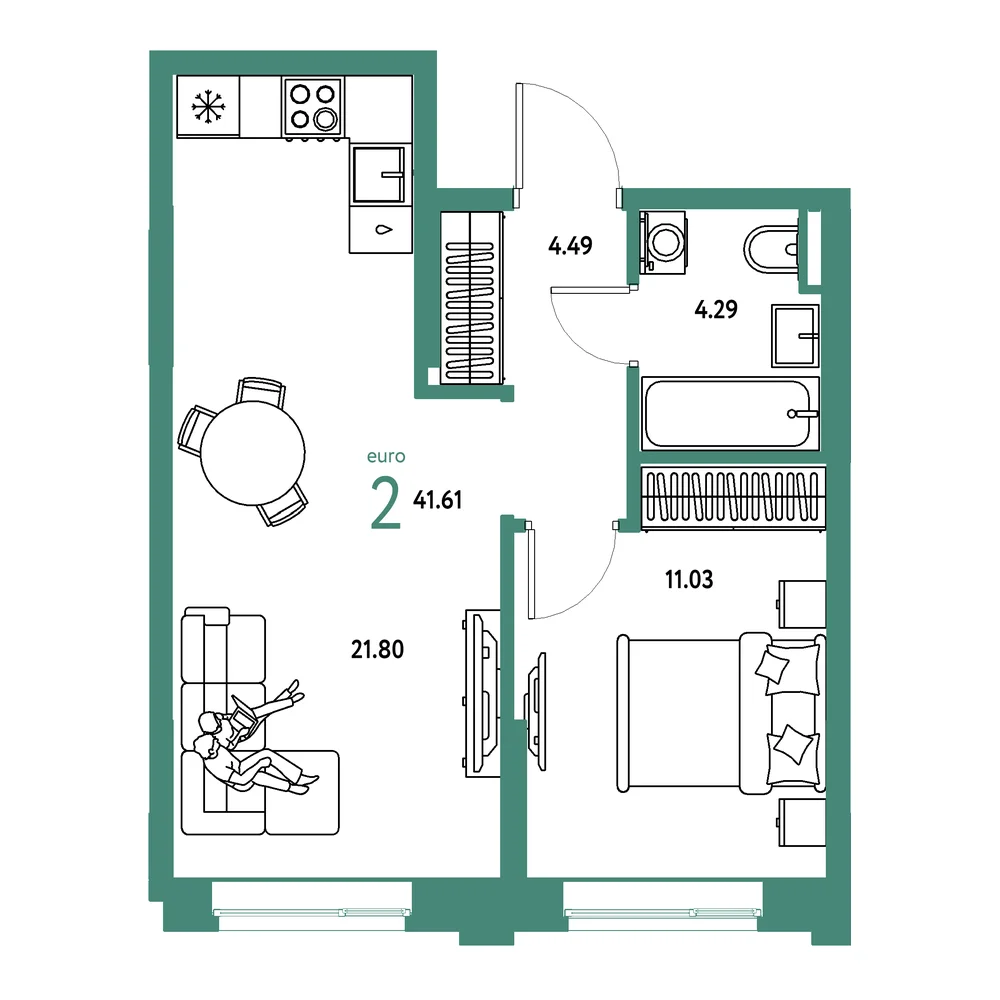 Планировка: Остров-сад 2-комнатная 41,61м²