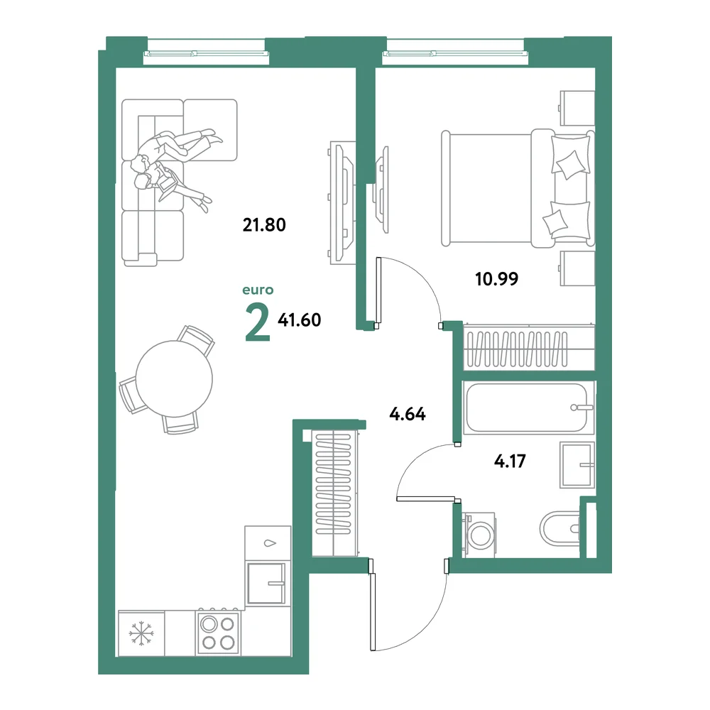 Планировка: Остров-сад 2-комнатная 41,60м²