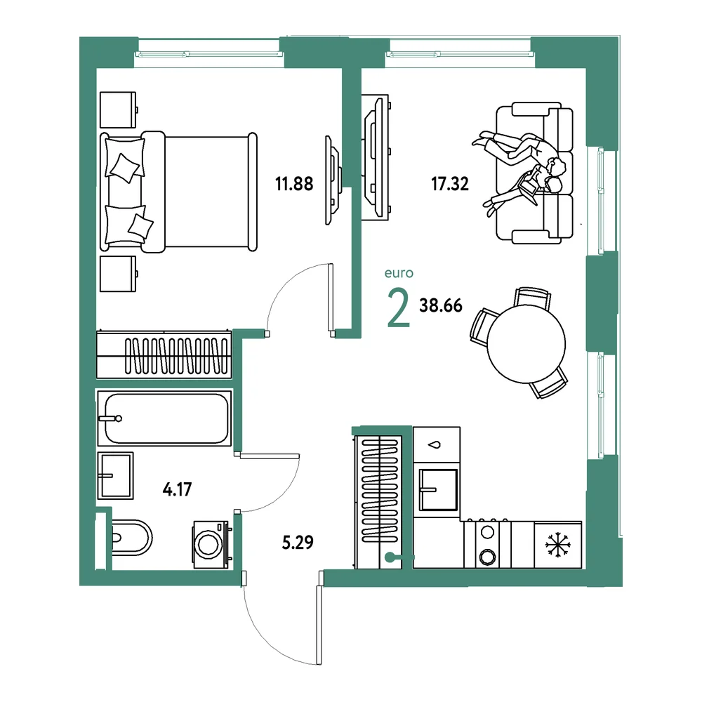 Планировка: Остров-сад 2-комнатная 38,66м²