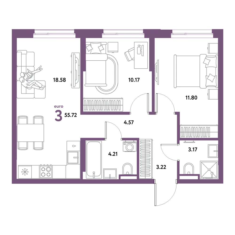 Планировка: Остров-сад 3-комнатная 55,72м²