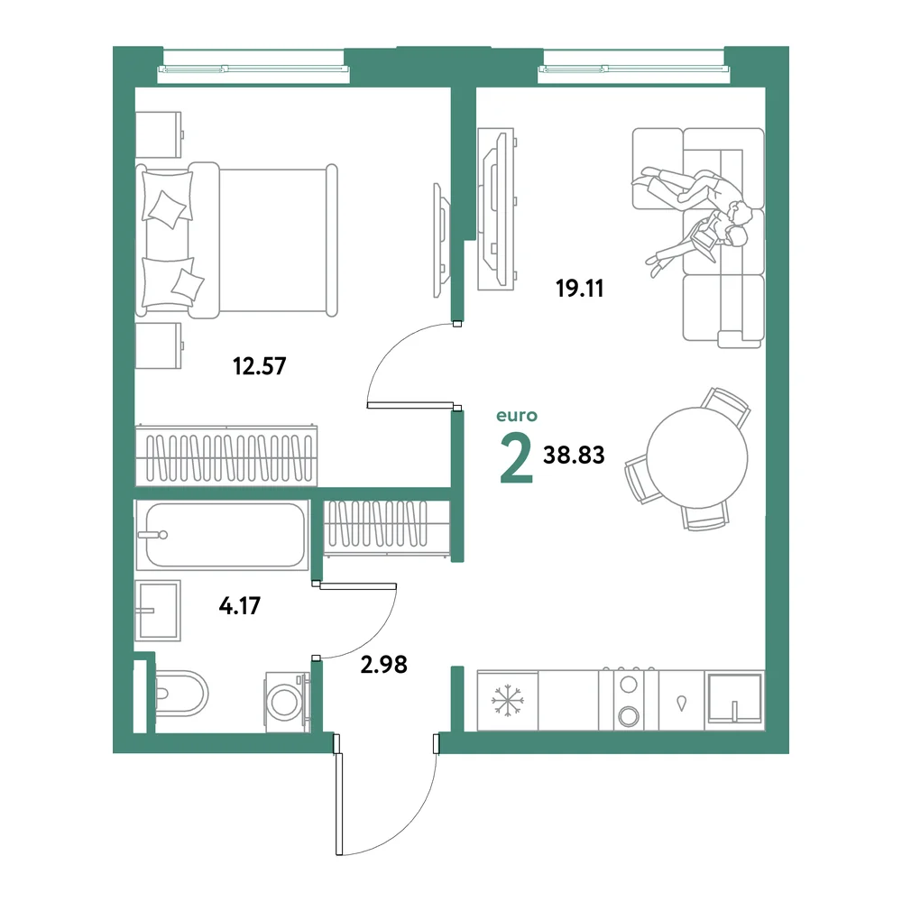 Планировка: Остров-сад 2-комнатная 38,83м²
