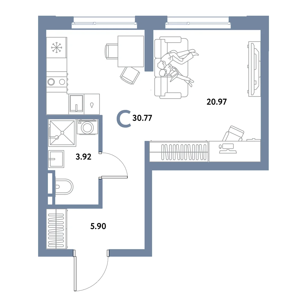 Планировка: Остров-сад Студия 30,77м²