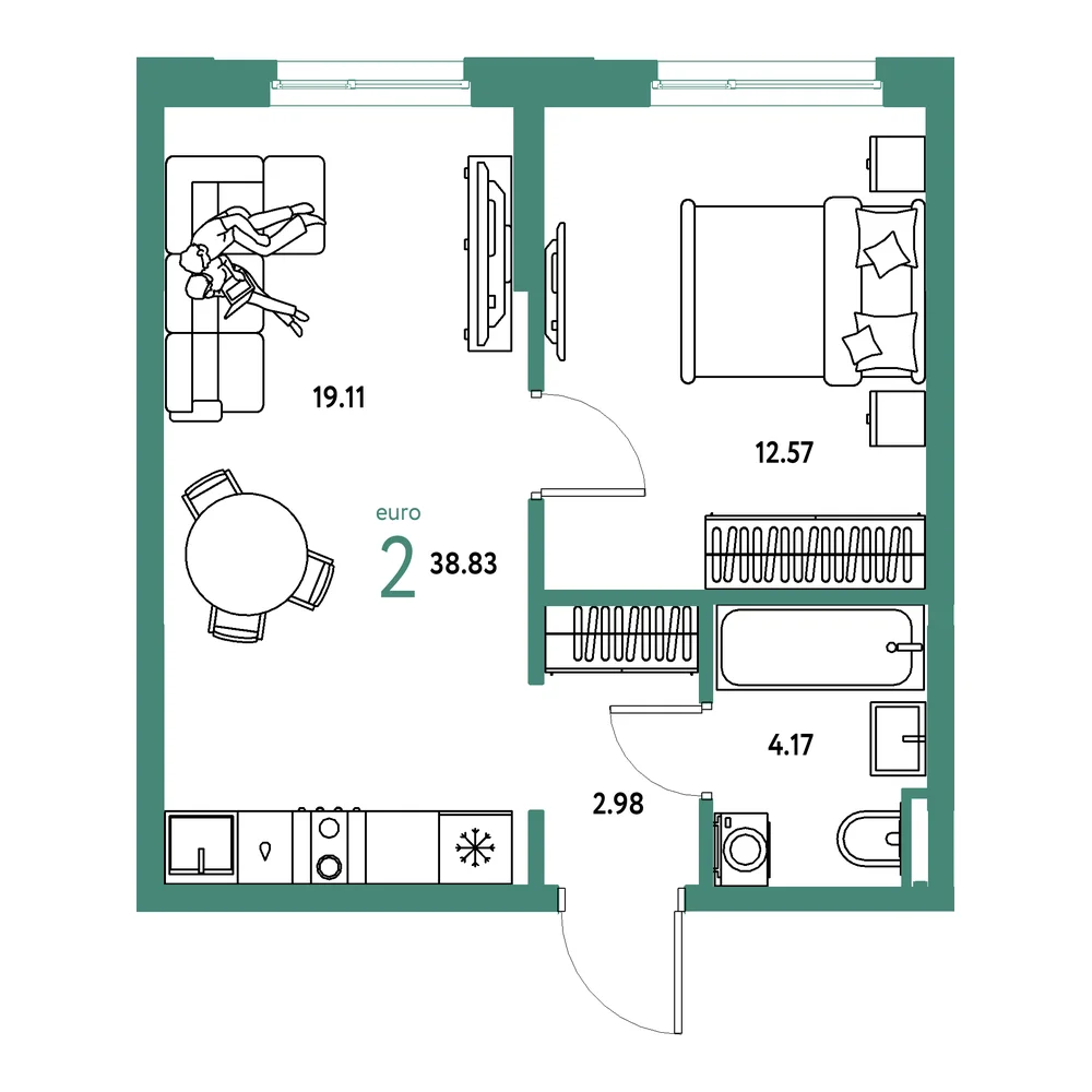 Планировка: Остров-сад 2-комнатная 38,83м²