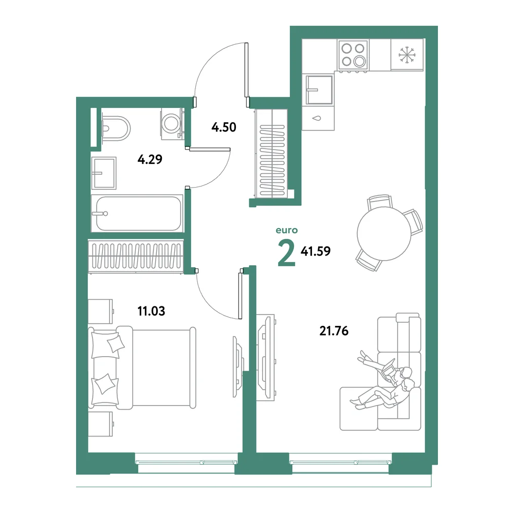 Планировка: Остров-сад 2-комнатная 41,59м²