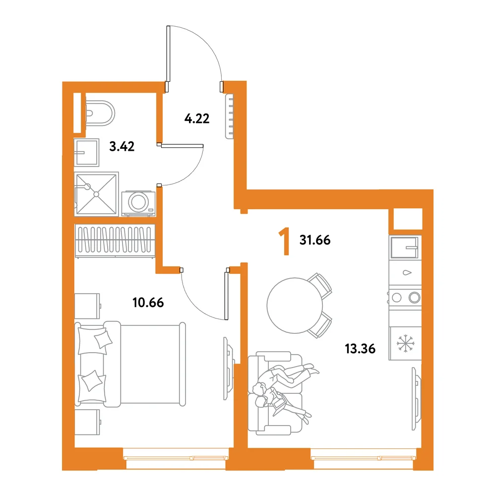 Планировка: Остров-сад 1-комнатная 31,66м²