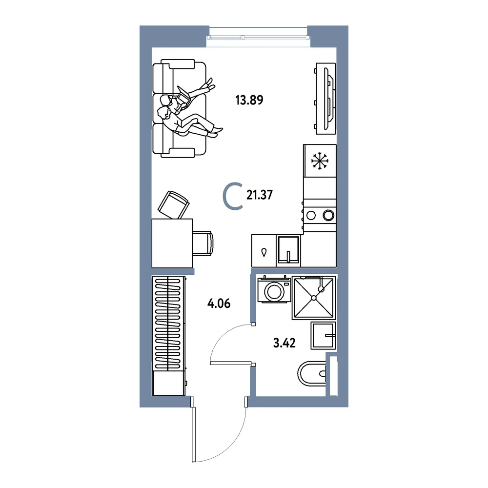 Планировка: Остров-сад Студия 21,37м²