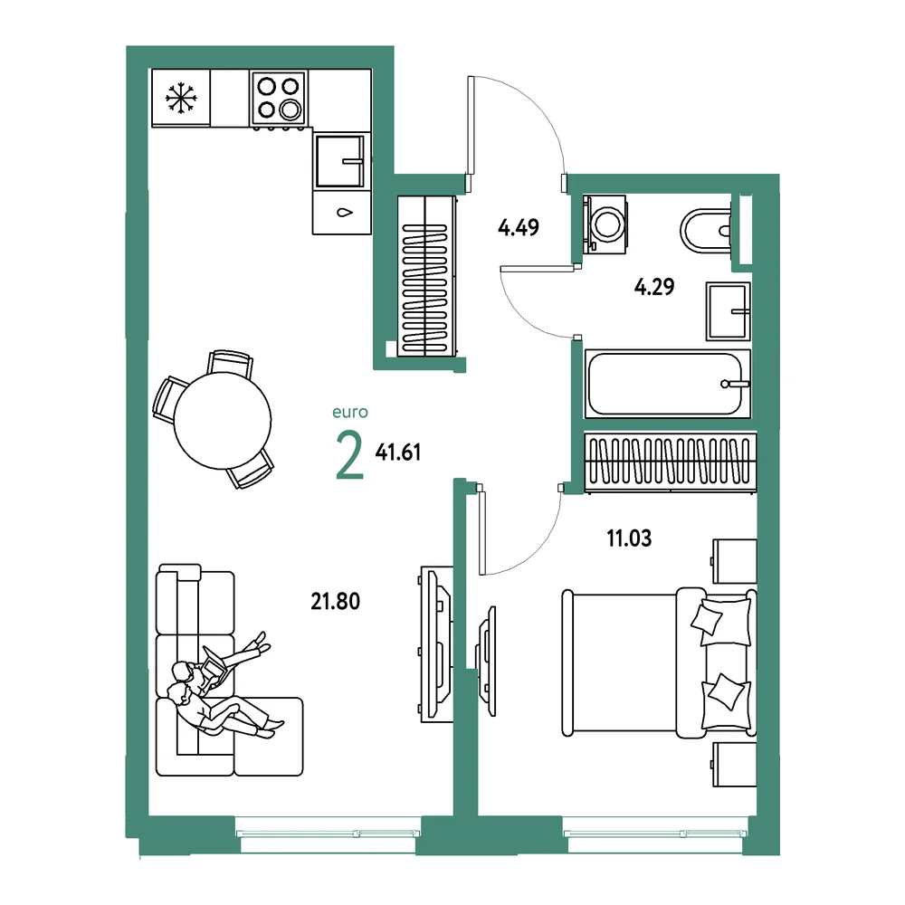 Планировка: Остров-сад 2-комнатная 41,61м²