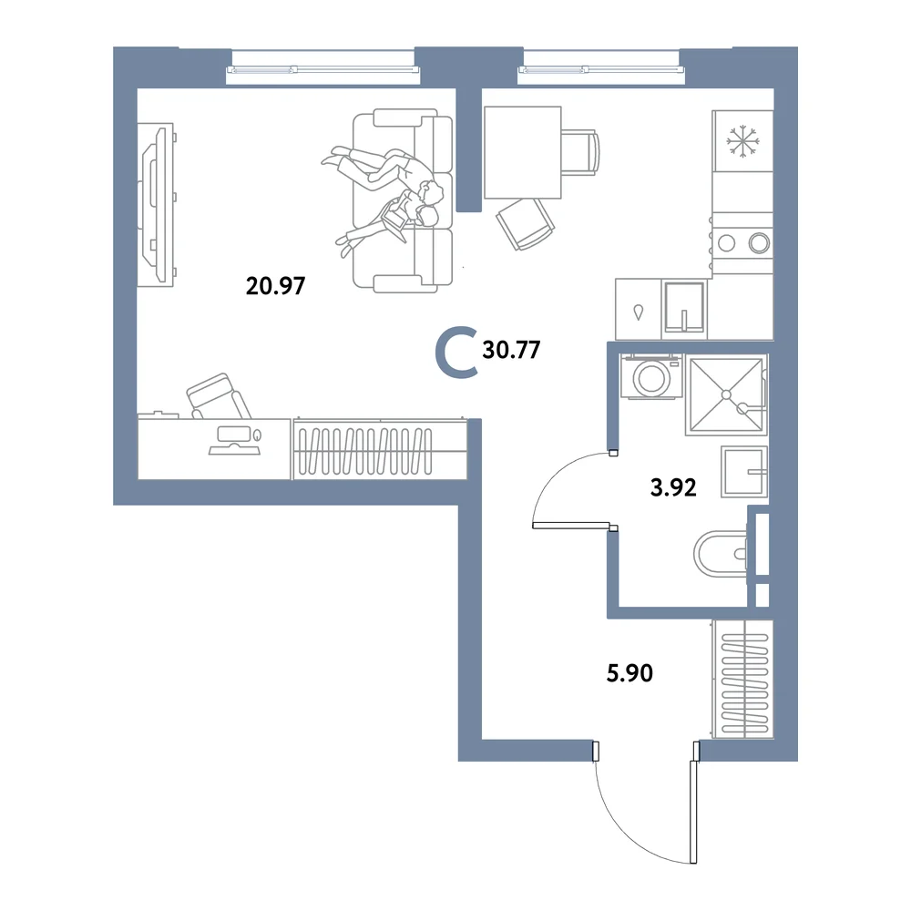 Планировка: Остров-сад Студия 30,77м²