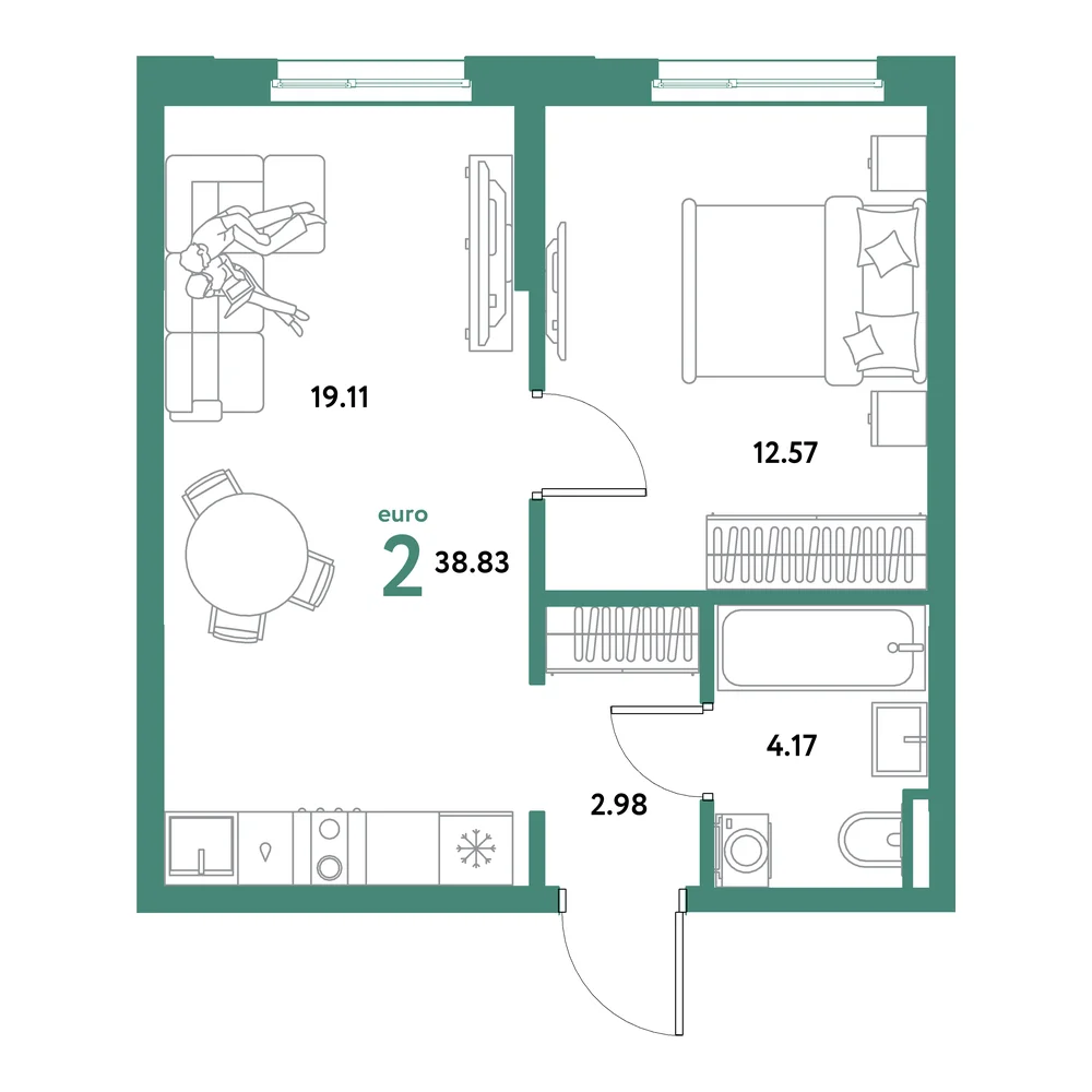 Планировка: Остров-сад 2-комнатная 38,83м²
