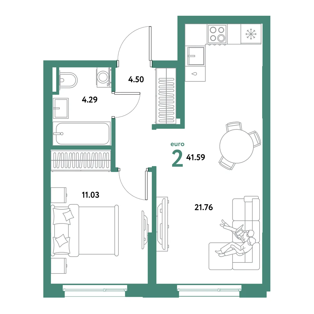 Планировка: Остров-сад 2-комнатная 41,59м²