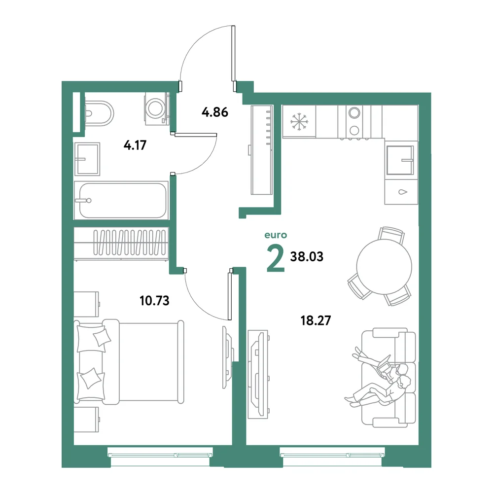 Планировка: Остров-сад 2-комнатная 38,03м²
