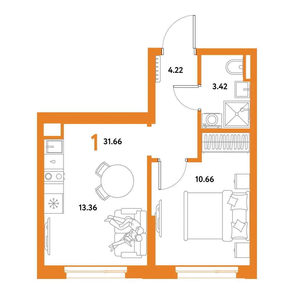 Планировка: Остров-сад 1-комнатная 31,66м²