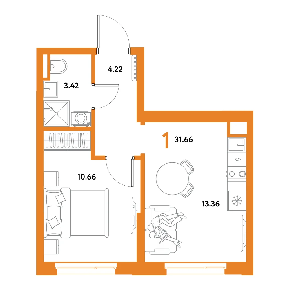 Планировка: Остров-сад 1-комнатная 31,66м²
